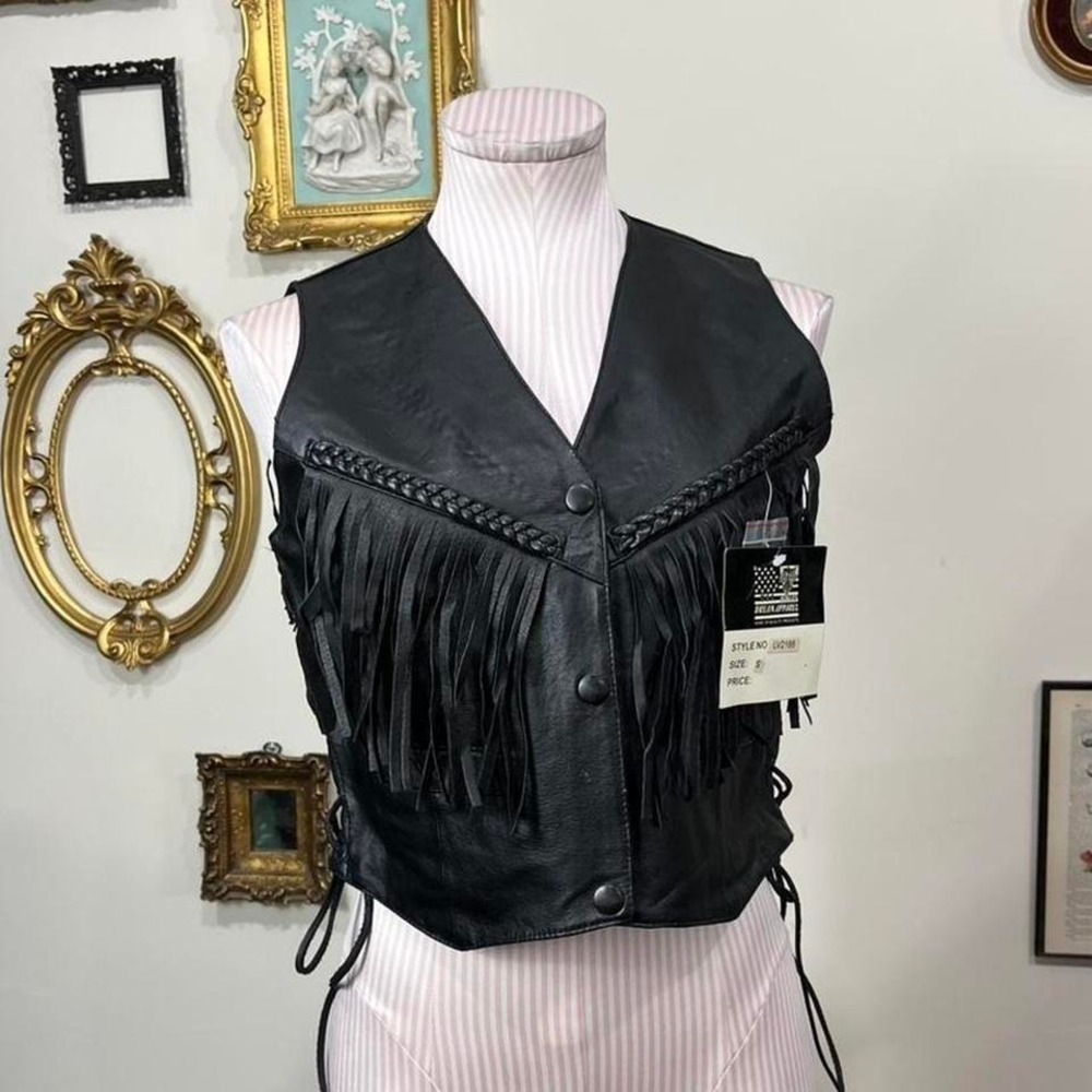 Vintage Black Leather Fringe Biker Vest – Dream Apparel USA – Size Small
